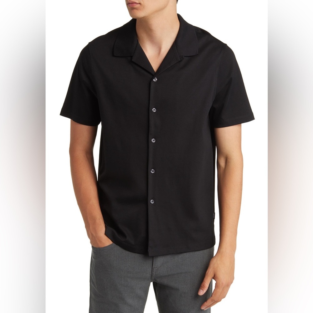 Hugo Boss Mens Large Powell Short Sleeve Shirt Button Up Black Mercerized Cottob